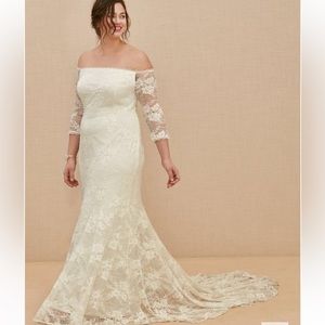 Torrid off the shoulder lace and sequin wedding dress